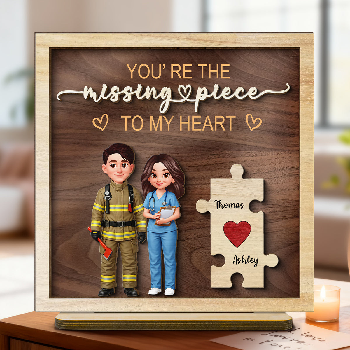 The Missing Piece to My Heart Couple Occupation Nation Flag - Personalized 2-Layered Wooden Plaque - Heartfelt Gift for Him, for Her