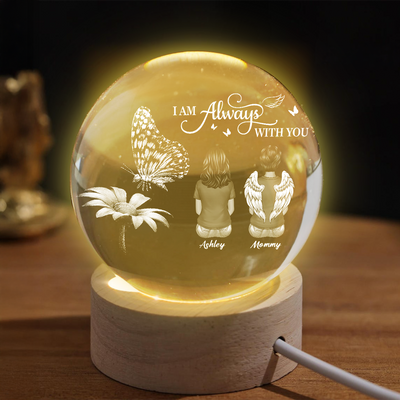 Always With You Family Back View Butterfly On Daisy - Personalized Crystal Ball LED Night Light - Memorial Remembrance Keepsake
