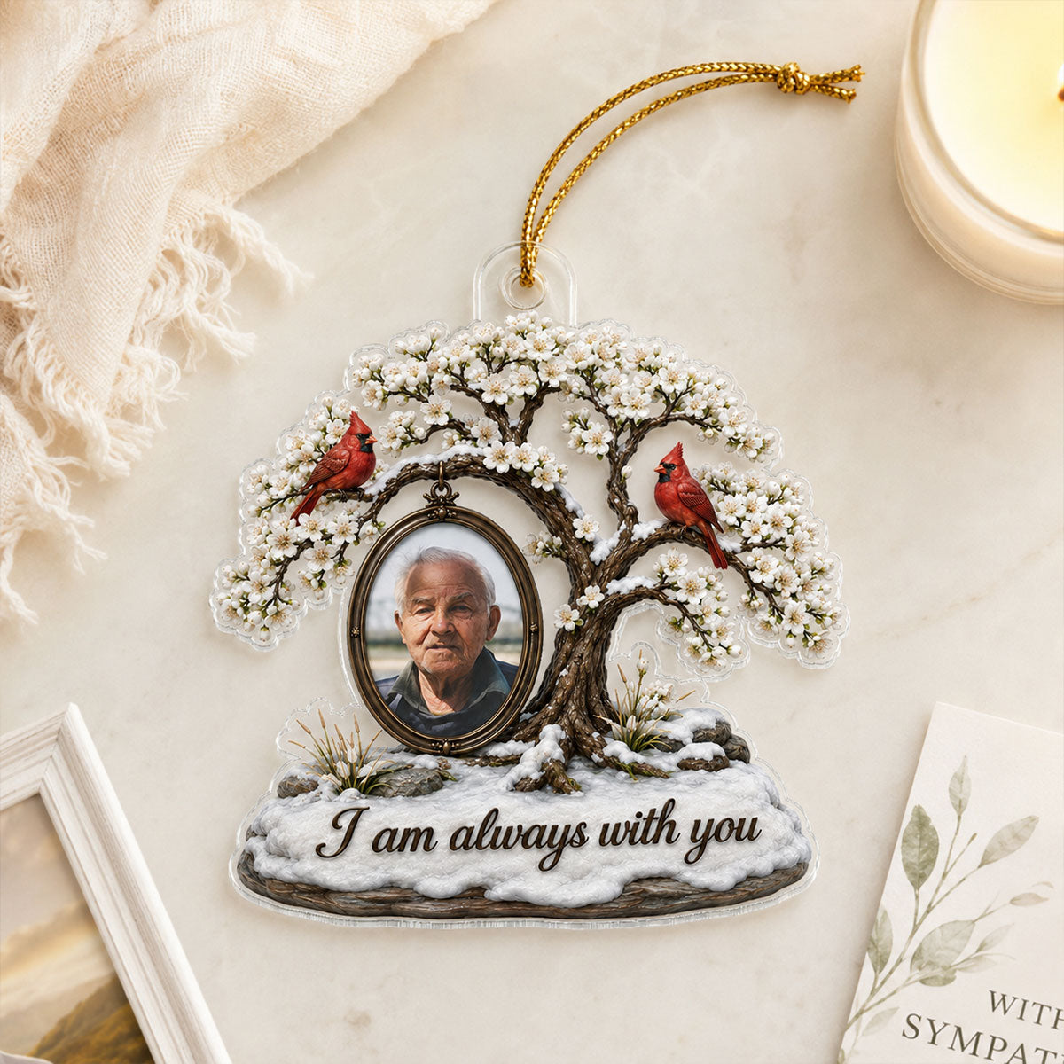 Cardinal Blossom Tree Custom Photo of Lost Loved One - Personalized Acrylic Ornament - Memorial Gift, Sympathy Gift