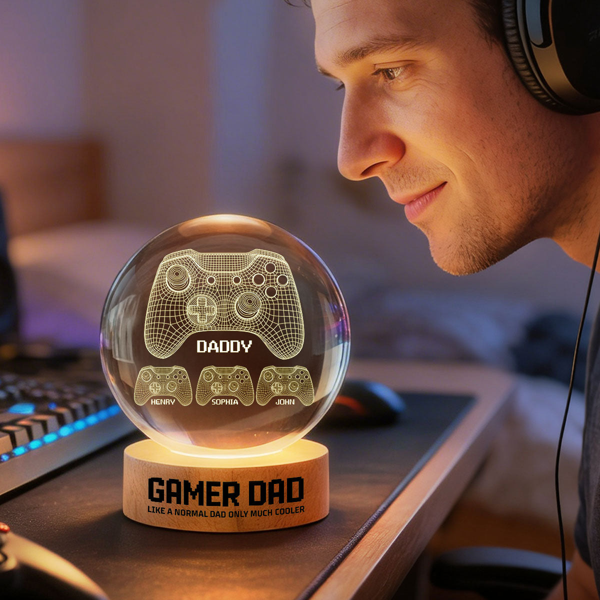 Gamer Dad Like A Normal Dad But Cooler - Personalized Crystal Ball LED Night Light - Father's Day Gift For Dad