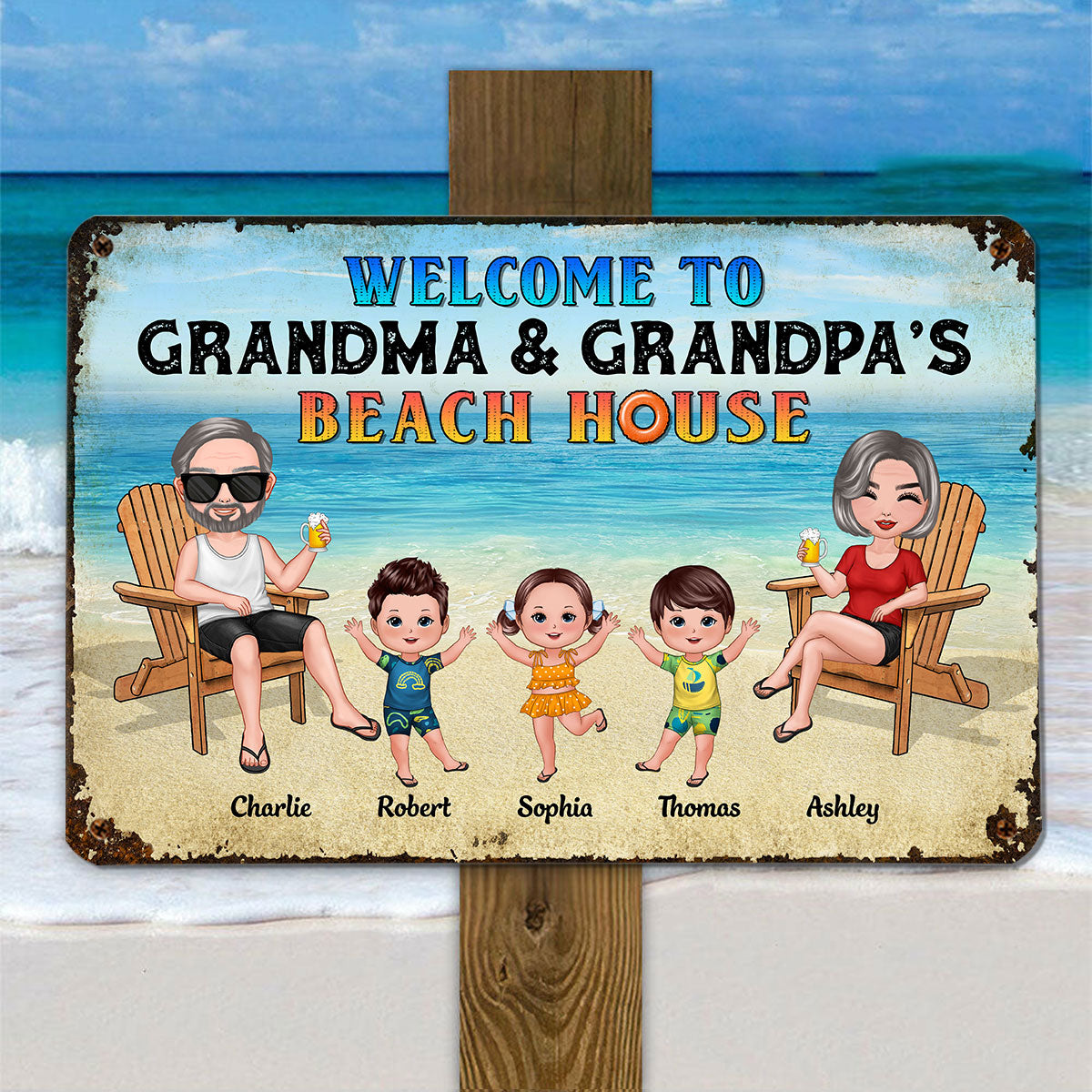 Welcome To Grandparents‘ Beach House Doll Grandma Grandpa & Kids Personalized Metal Sign