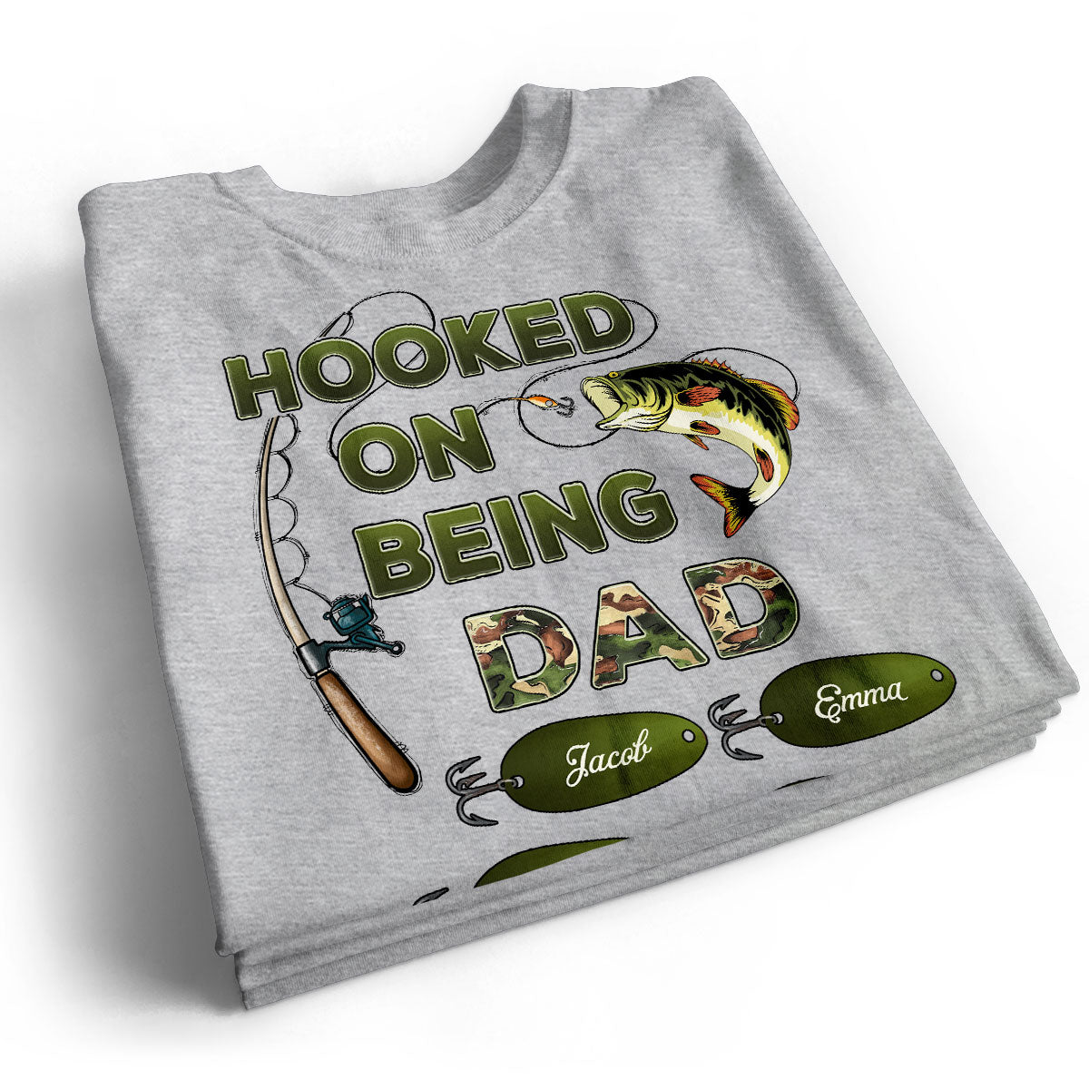 Hooked On Being Dad Grandpa Fishing Camouflage Personalized Shirt, Gift For Dad, Husband, Grandpa