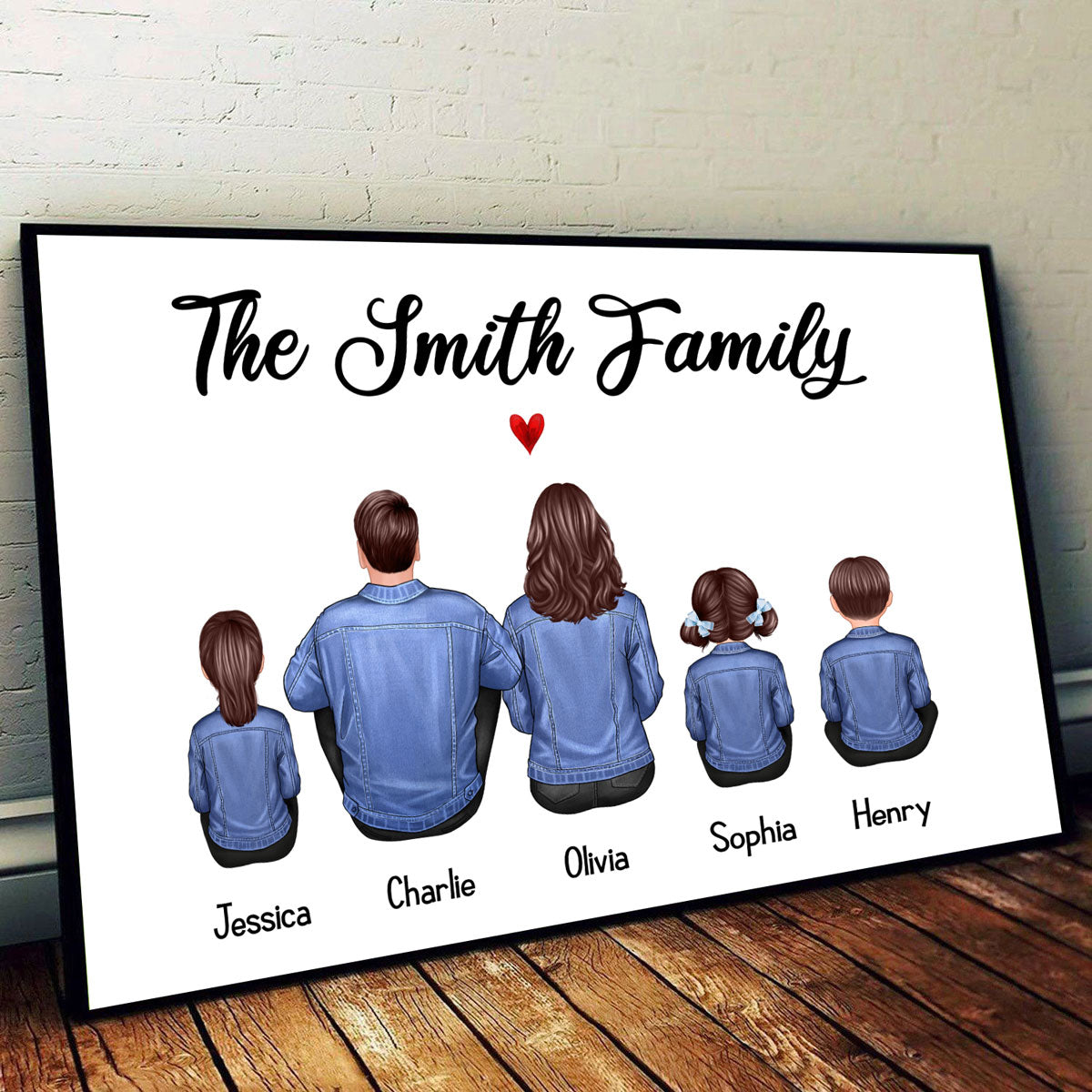 Whole Family Back View Denim Couple Dad Mom Kids Dogs Cats Sitting Personalized Horizontal Poster