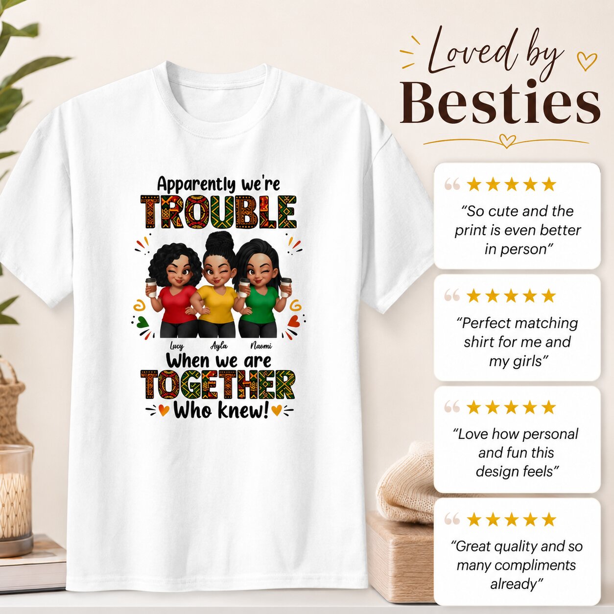 Tribal Pattern Besties Trouble Together - Personalized Shirt - Birthday Gift, Gift For Best Friends