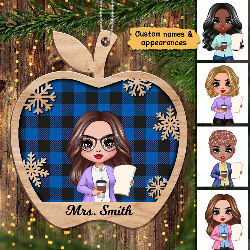Doll Female Teacher In Apple Shape Christmas Personalized Wooden Ornament