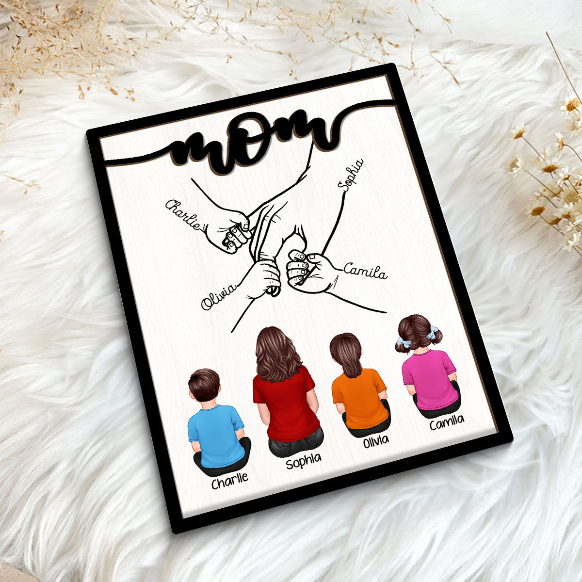 Mom And Kids Holding Hands Personalized 2-Layer Wooden Plaque