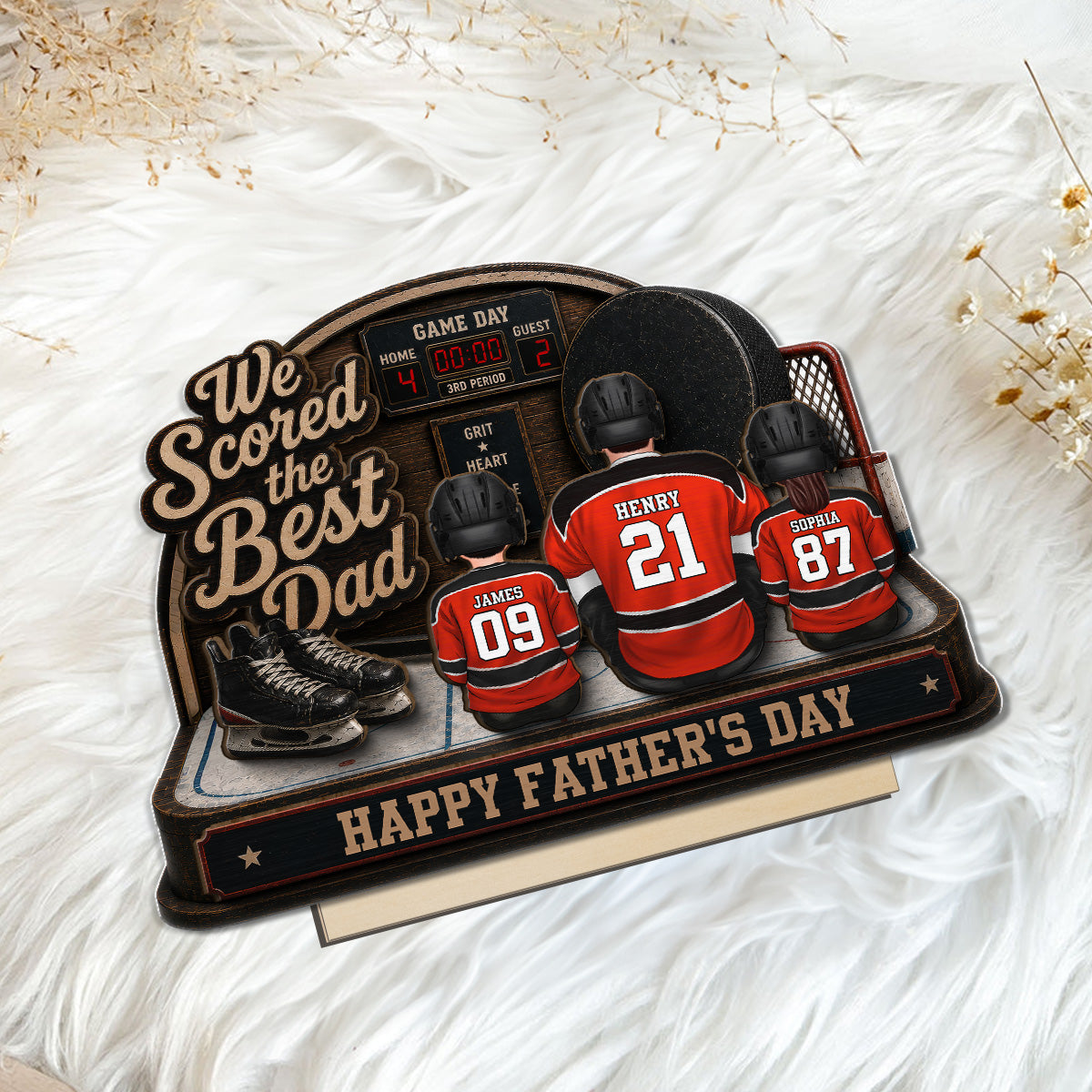 Hockey Dad & Kids Sitting On Court 2D Flat - Personalized 2-Layered Wooden Plaque - Father's Day Gift For Hockey Dad