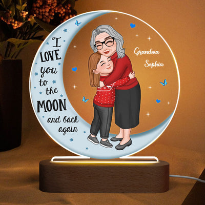 Grandma Hugging Grandkid On Moon Personalized Acrylic Plaque With LED Night Light