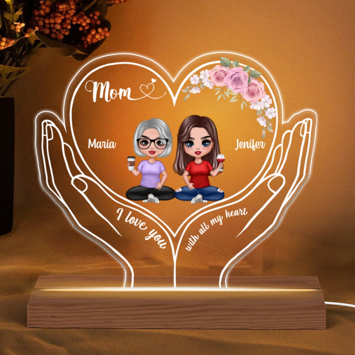 Mom I Love You Doll Mother Daughter Heart On Hands Personalized Custom Shaped Acrylic Plaque With LED Night Light