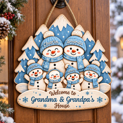 Blue Winter Forest Snowman Grandparents & Grandkids 2D Flat Printed - Personalized Wood Sign - Christmas Gift For Grandma & Grandpa