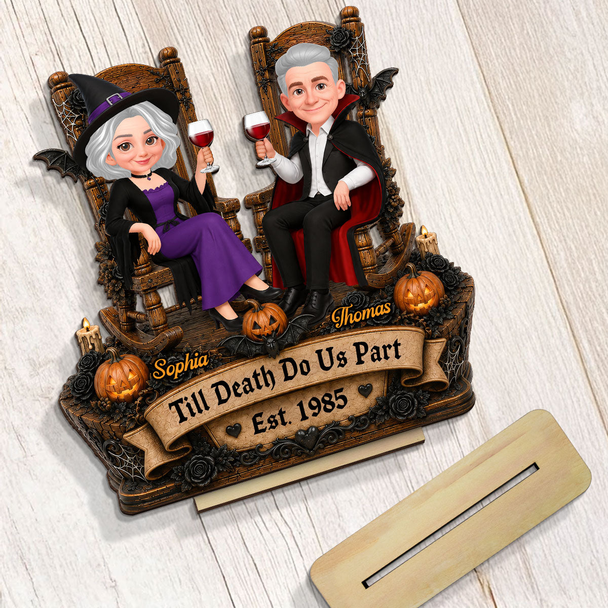 Trending Halloween Couple Sitting - Personalized 2-Layered Wooden Plaque - Halloween Decoration For Couple