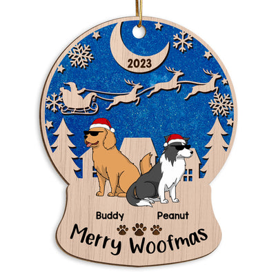 Merry Woofmas Blue Galaxy Sky Night Funny Cartoon Dogs Personalized Wooden Ornament