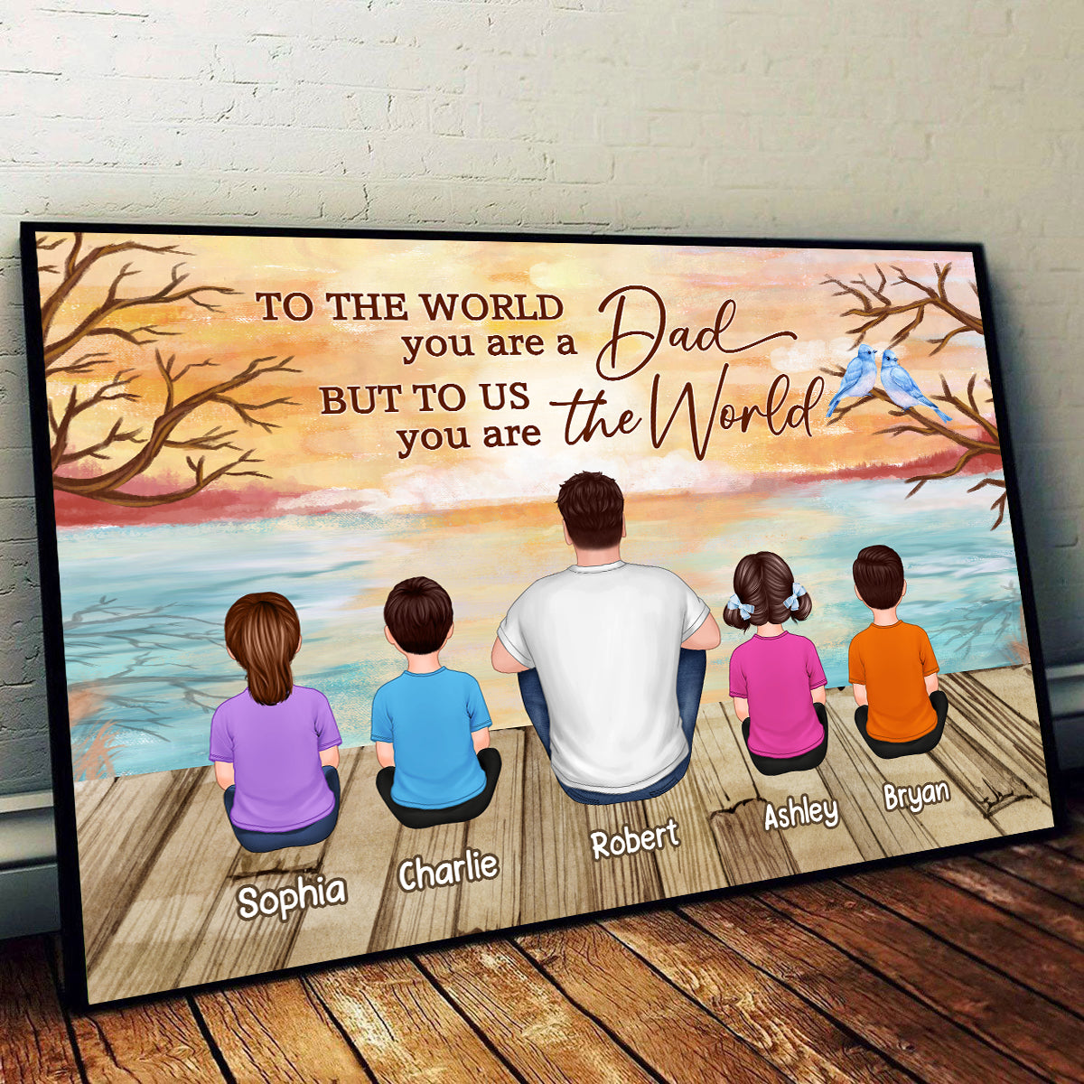 Lake View Dad Grandpa We Love You Back View Dad And Kids Dogs Cats Sitting Personalized Horizontal Poster