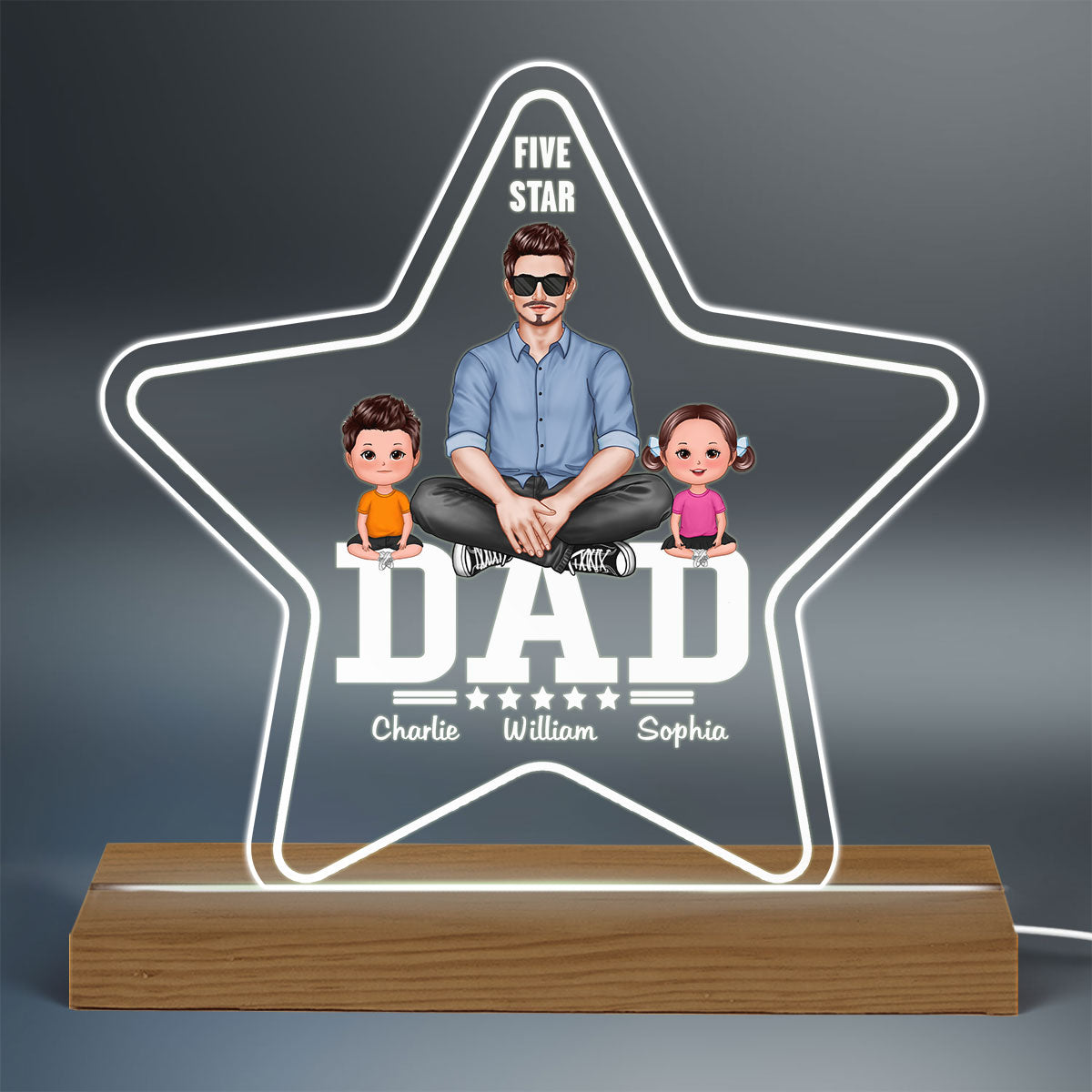 Five - Star Dad Real Man And Kids Sitting Personalized Custom Shape Acrylic LED Night Light