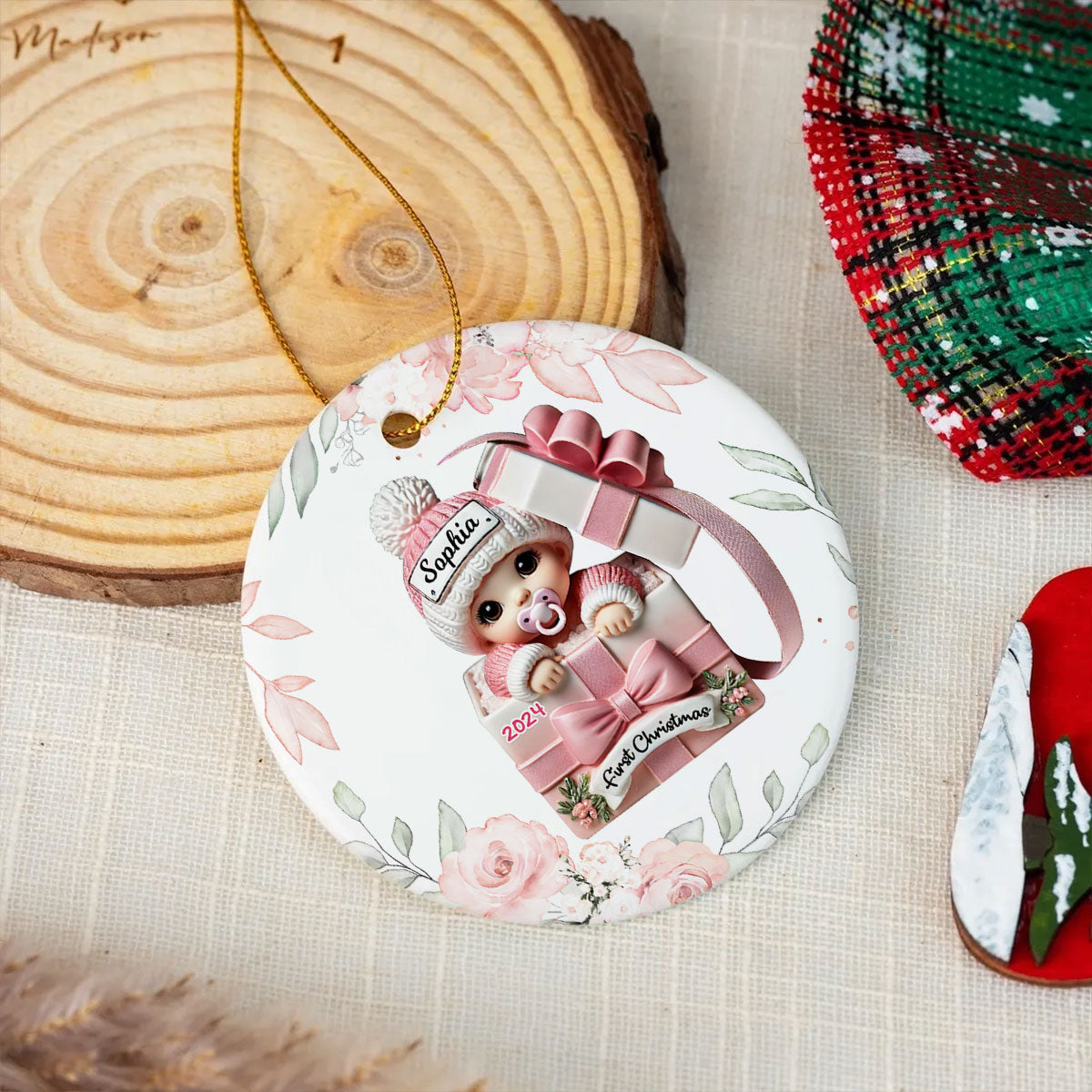 Floral Wreath Baby Inside Gift Box Personalized Ceramic Ornament, Baby First Christmas Keepsake