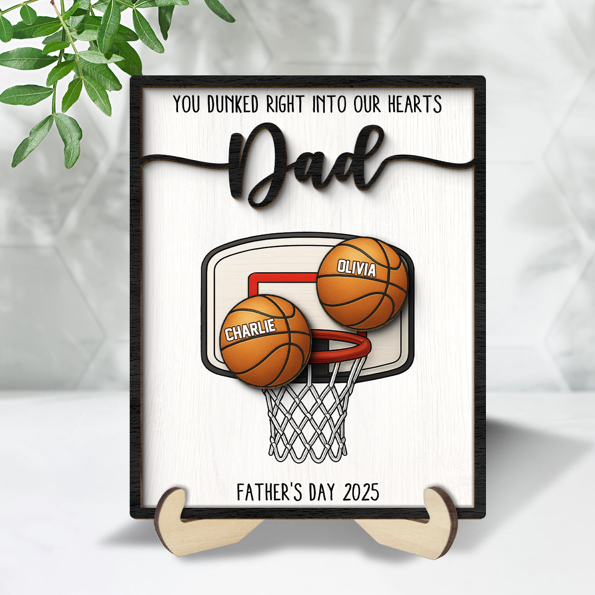 You Dunked Right into Our Hearts Dad Personalized 2-Layered Wooden Plaque, Father's Day Gift for Basketball Dad, Gift for Husband
