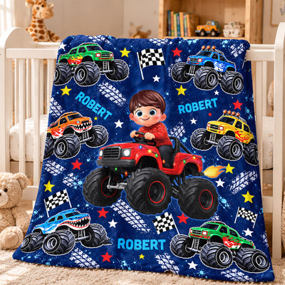 Kid Driving Monster Truck - Personalized Fleece Blanket - Gift For Kid Who Loves Monster Truck, Toddler Blanket for Boys