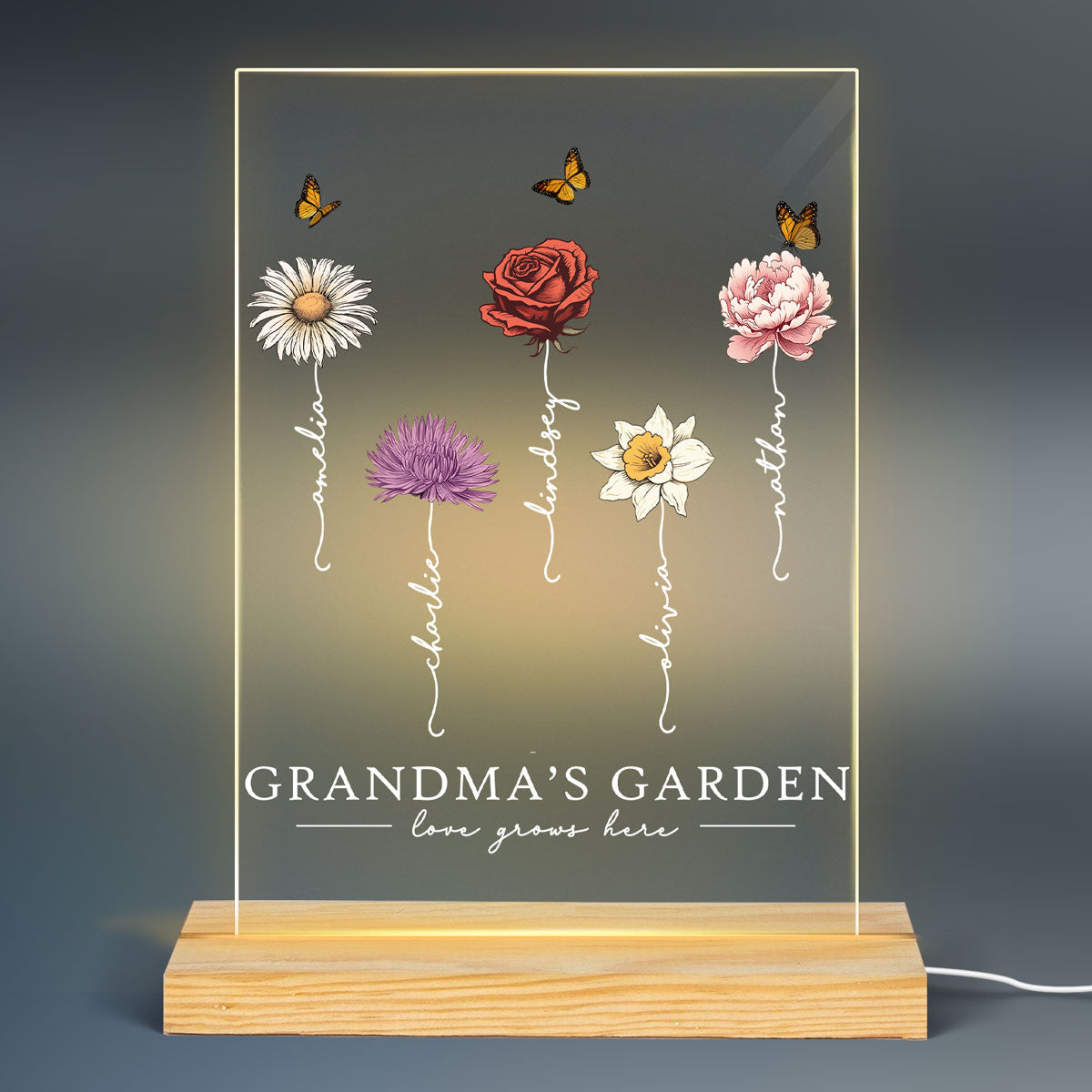 Grandma‘s Garden Love Grows Here Beautiful Birth Month Flower Gift For Grandma Mom - Personalized Acrylic Block Plaque LED Night Light - Gift For Grandma Mom