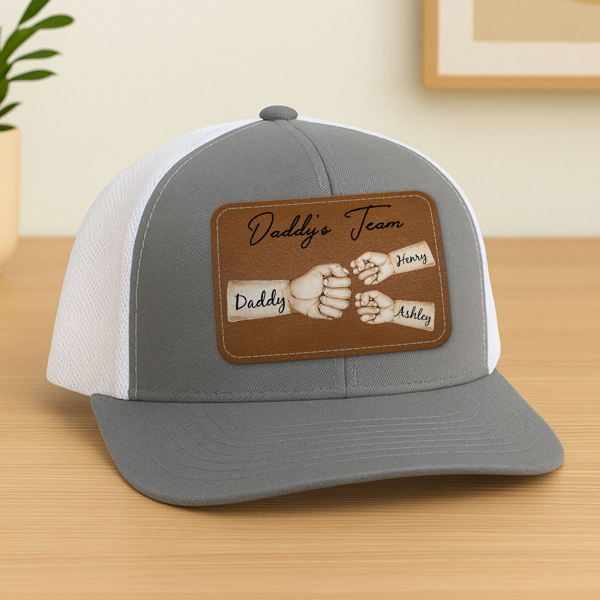 Daddy's Team Fist Bump Personalized Leather Patch Hat, Trucker Cap| Cool Father's Day Gift For Dad, Husband