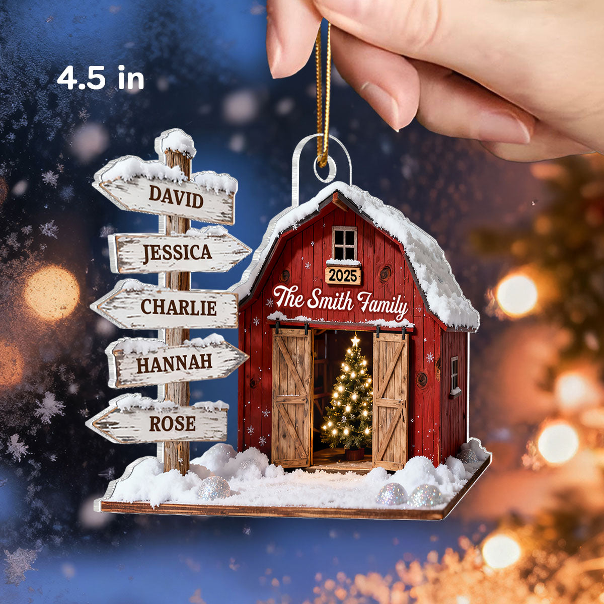 3D Effect Christmas Flat Nostalgia Barn House Family Sign Posts - Personalized Acrylic Ornament - Gift For Family, Farmhouse Decor