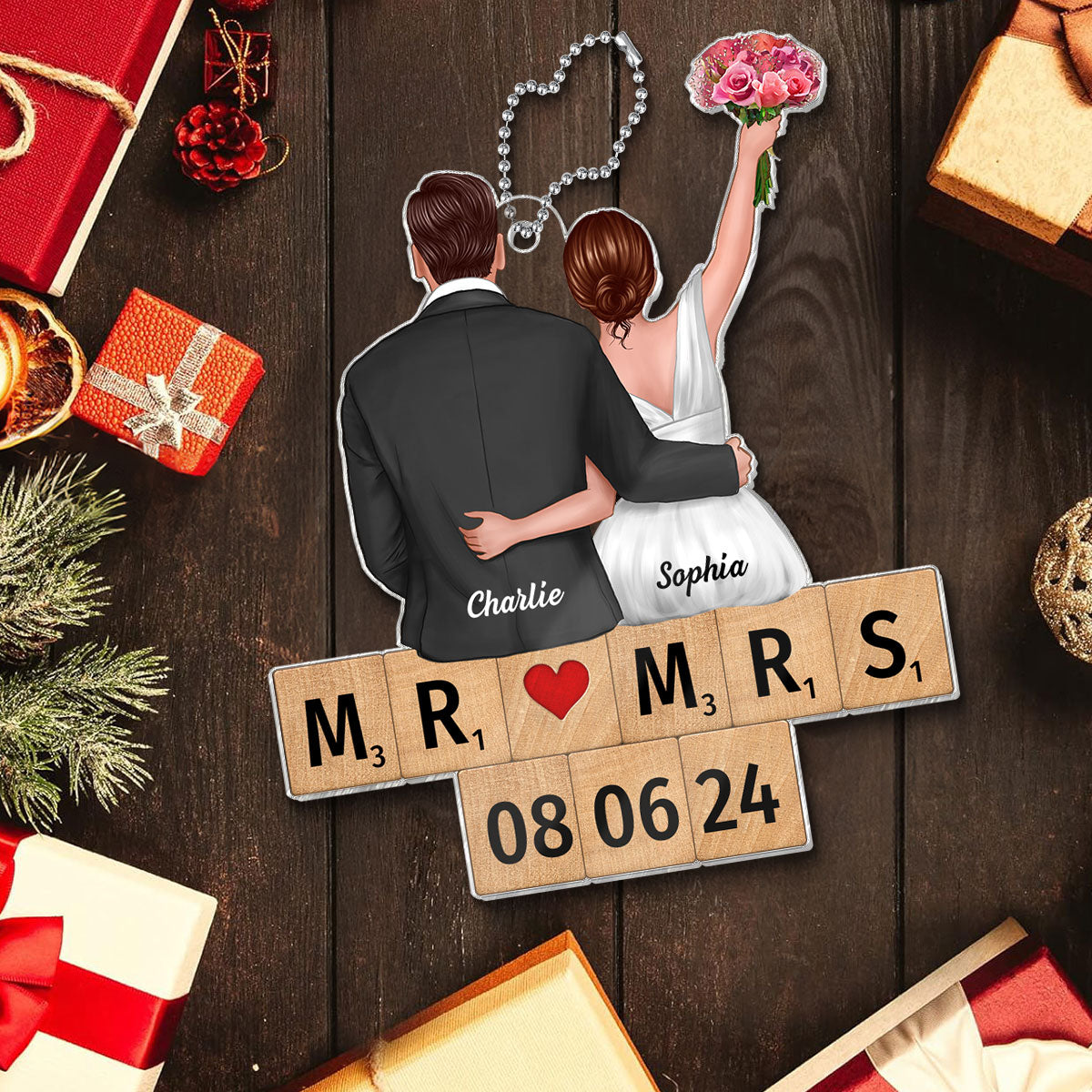 Wedding Couple Groom Bride Sitting On Puzzle Personalized Acrylic Ornament, Christmas Gift for Him for Her