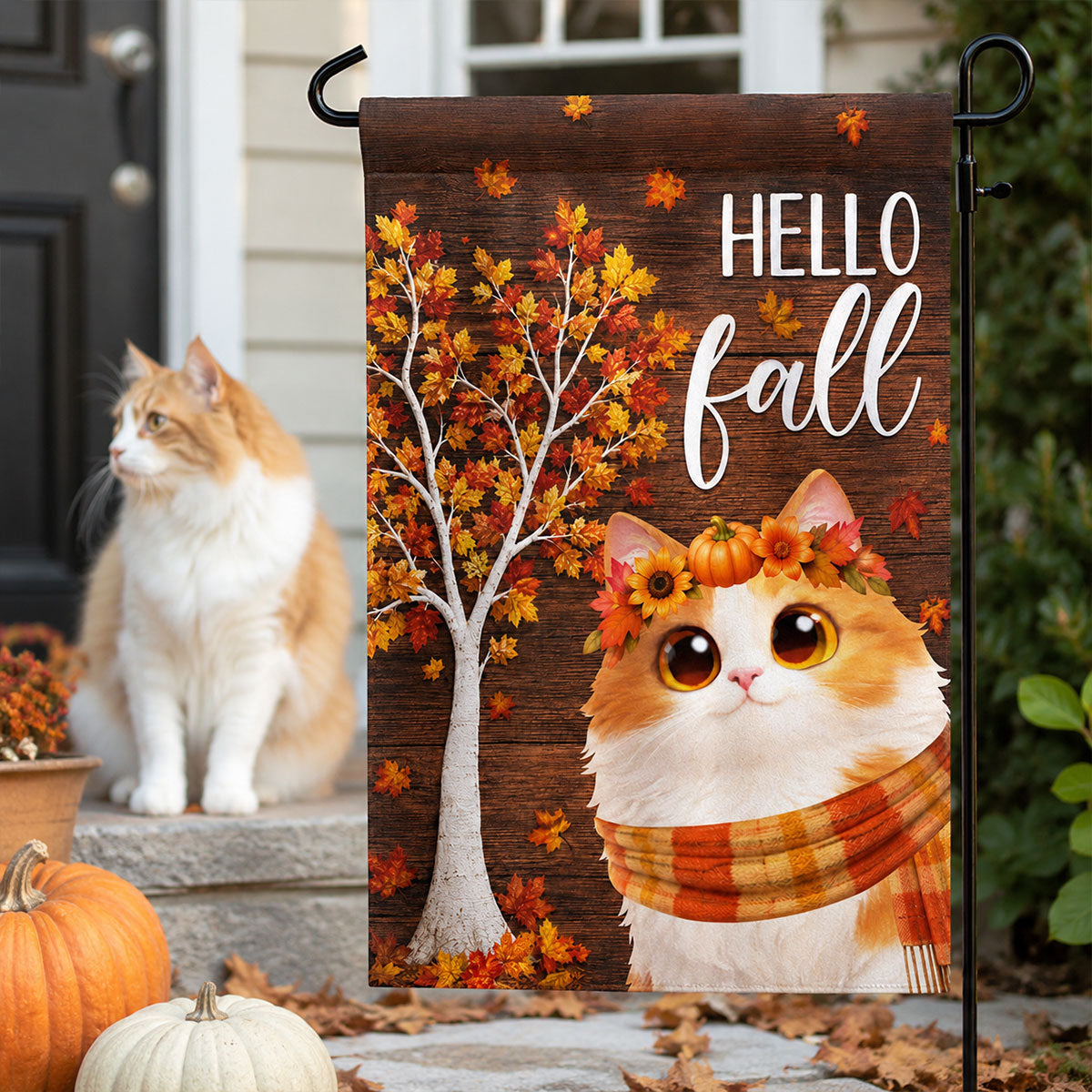 Hello Fall 'Tis the Season Cute Cats - Personalized Garden Flag - Fall Decor for Cat Lovers