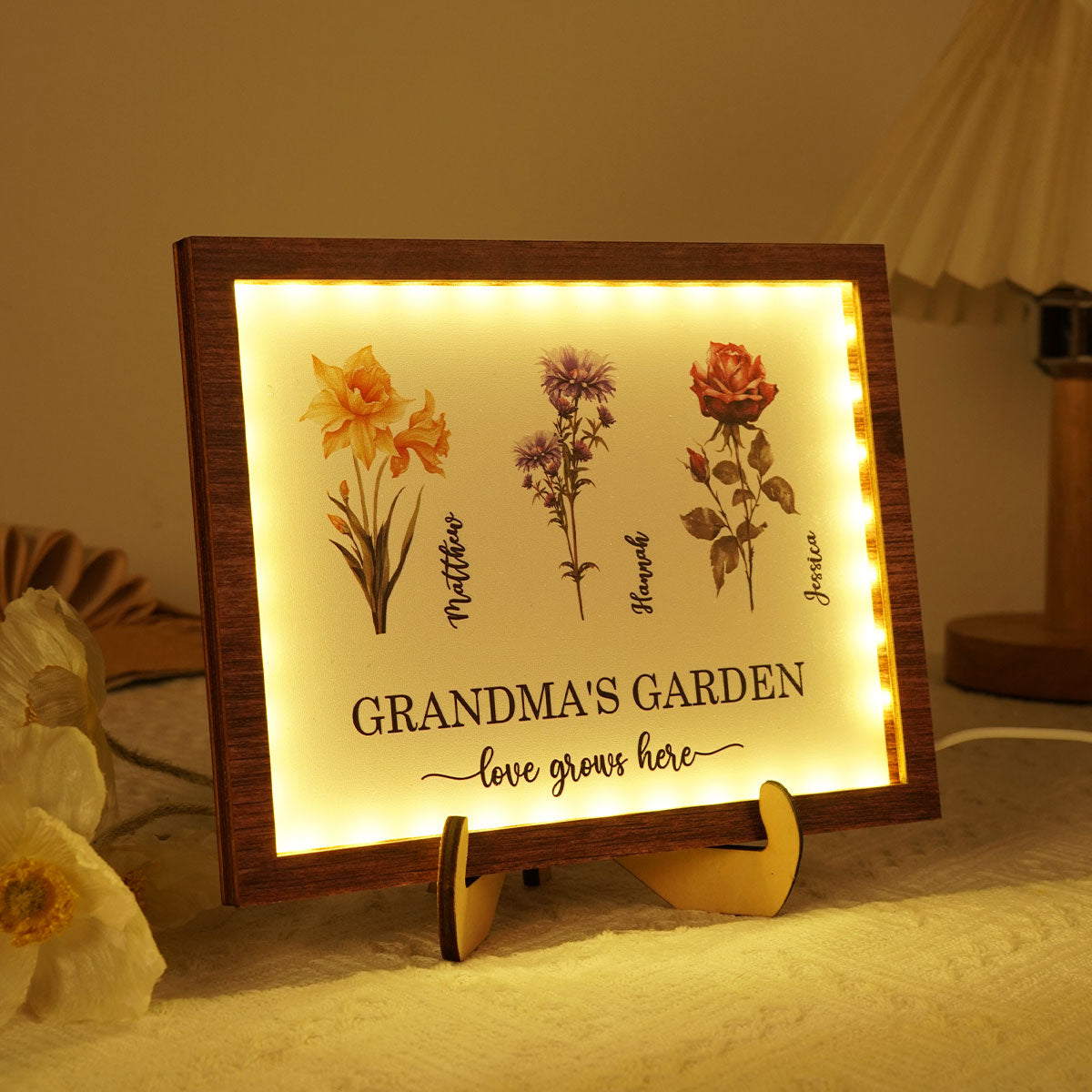 Grandma's Garden Love Grows Here Birth Month Flower Personalized 2-Layered Wooden Plaque with LED, Heartfelt Mother's day gift for Grandma, Mom