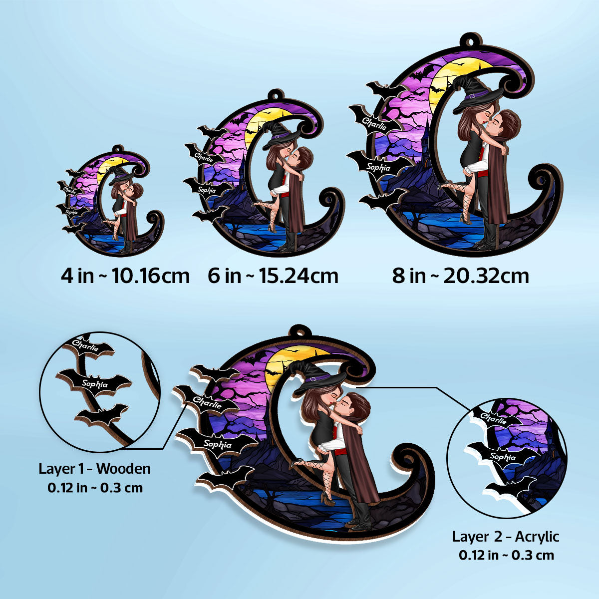 Halloween Couple Hugging Kissing On Moon Personalized Suncatcher, Halloween Decor