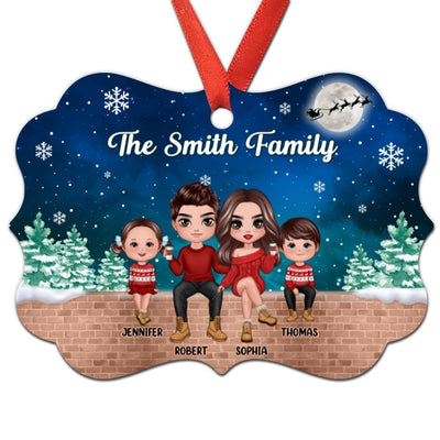 Doll Family Sitting In Snow Background Personaized Christmas Ornament