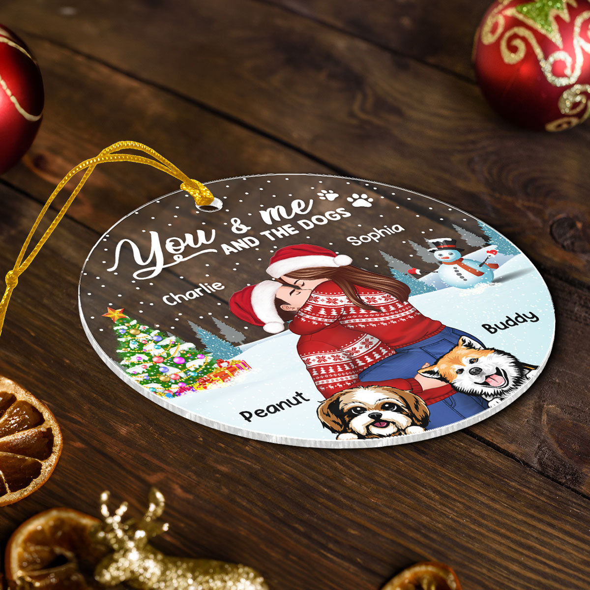 Couple And The Dogs In Winter Night Personalized Acrylic Ornament, Christmas Gift For Him, For Her, Gift For Pet Lovers