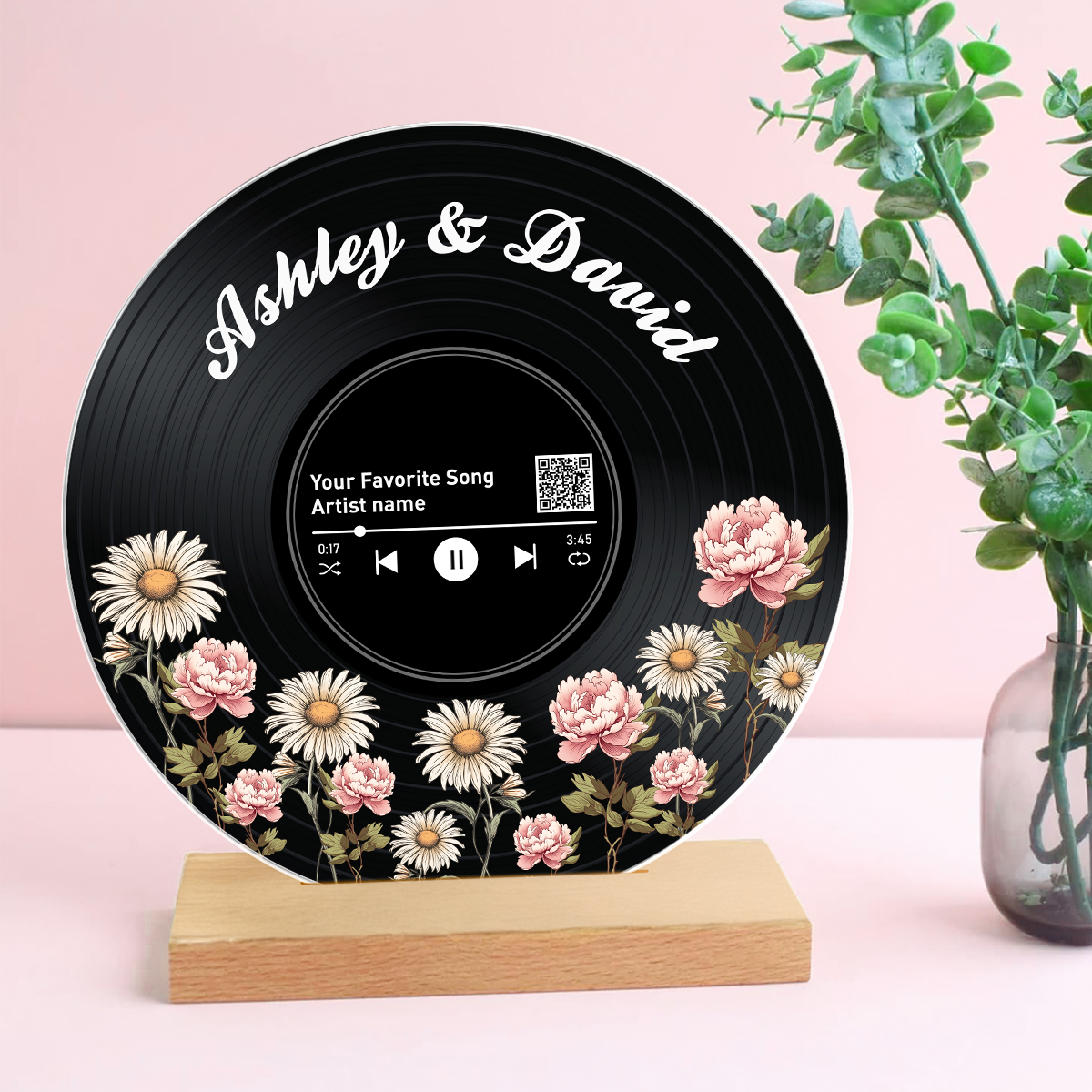 Couple Birth Month Flower Custom Vinyl Record Acrylic Song Plaque, Scannable QR Code, Personalized Valentine's Day, Birthday, Anniversary Gift for her and for him