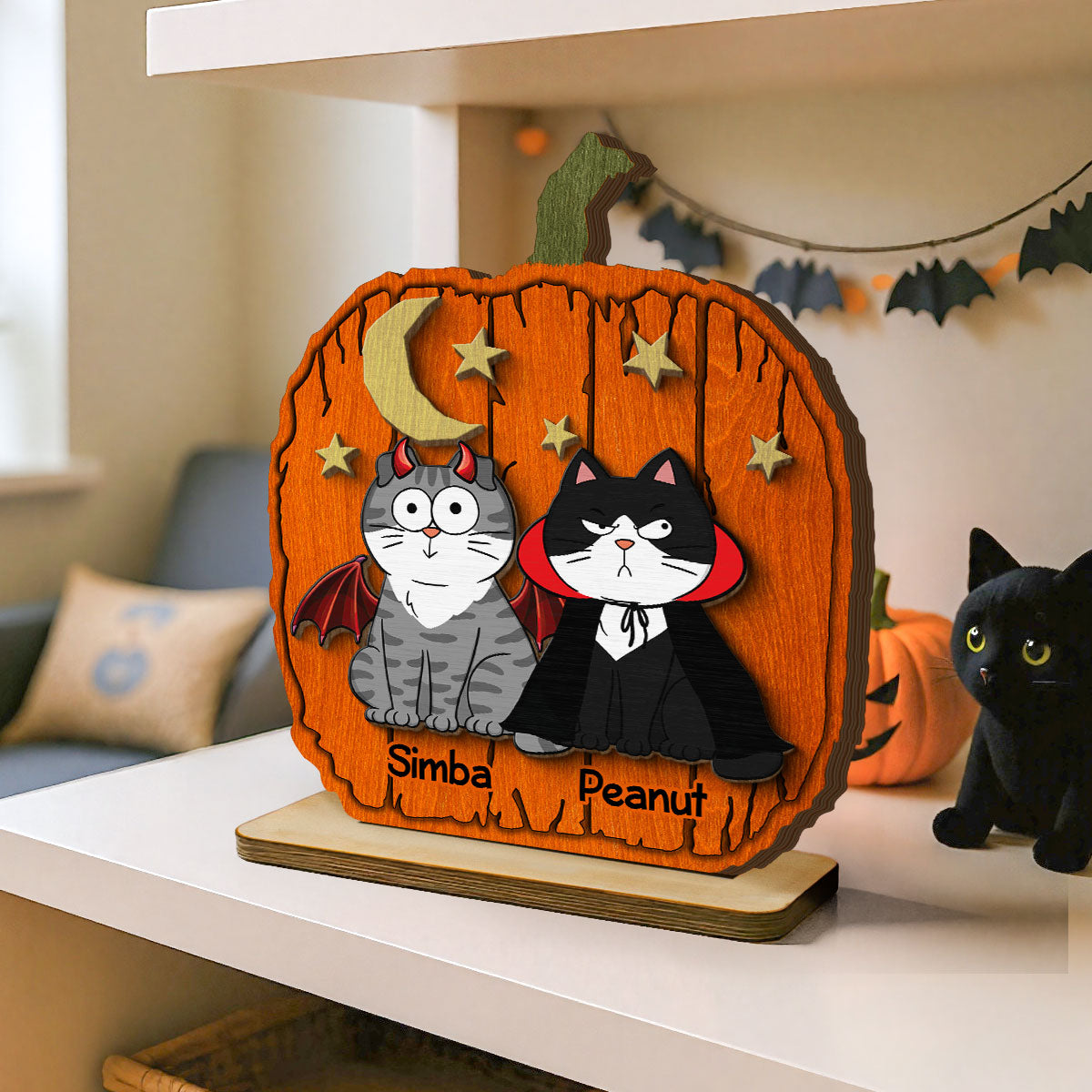 Halloween Funny Cats Pumpkin Shaped Personalized 2-Layer Standing Wooden Plaque, Spooky Halloween Tabletop, Tiered Tray, Shelf Sitter Decoration