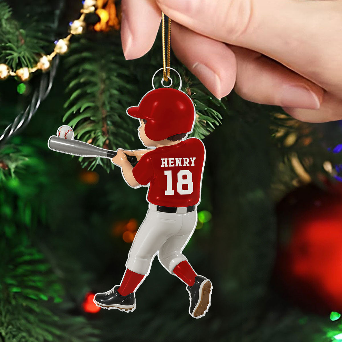 Personalized Baseball Player Ornament – Kid Hitting Ball, 3D Effect Acrylic Flat Ornament