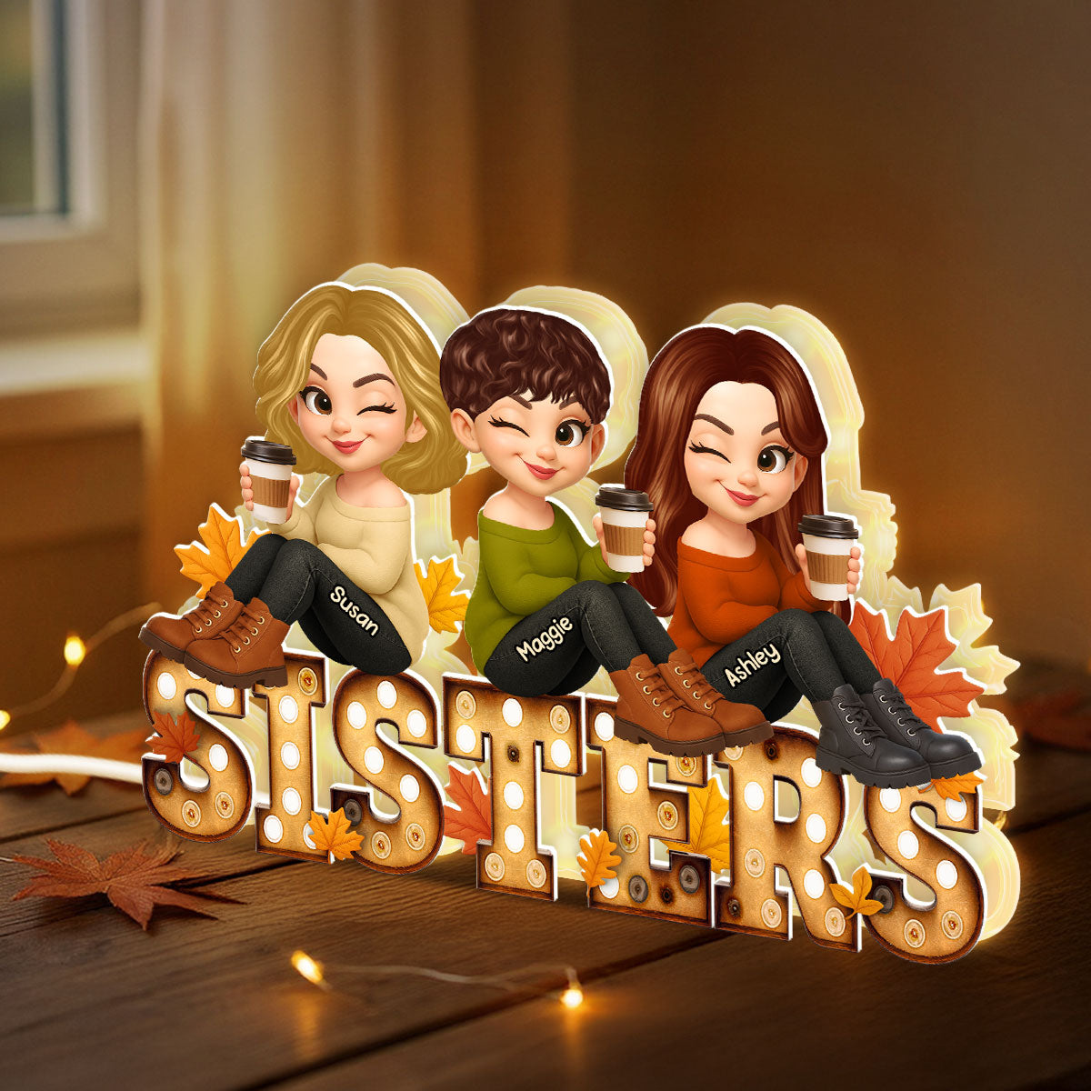 Fall Besties Sitting On Text Marquee Effect Personalized Light Box, Meaningful Gift For Best Friends