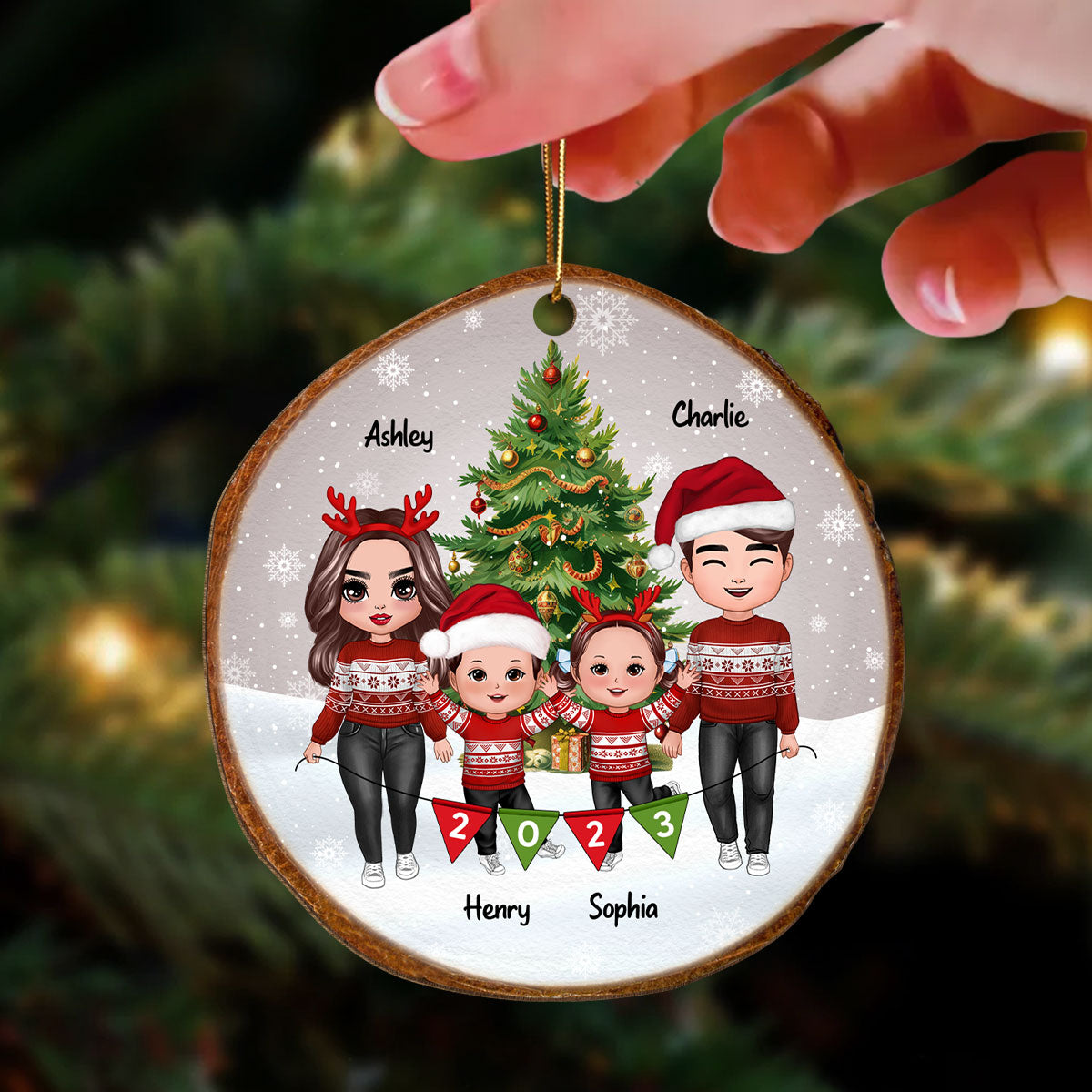 Whole Family Doll Mom Dad Kid Dog Cat By Christmas Tree In Snow 2023 Wood Slice Personalized Wooden Ornament