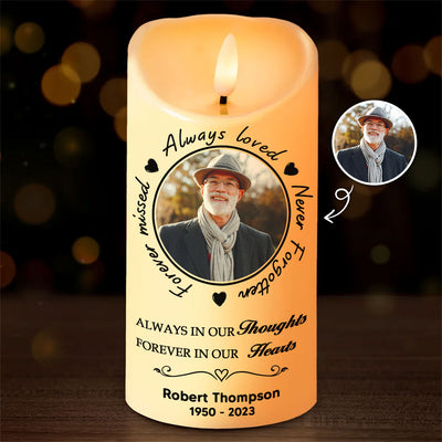 Always Loved Never Forgotten Memorial Personalized LED Candle, Custom Photo Sympathy Gift