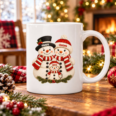 Cute Snowman Grandparents & Grandkids 2D Flat Printed - Personalized Mug - Christmas Gift For Family, Grandma, Grandpa