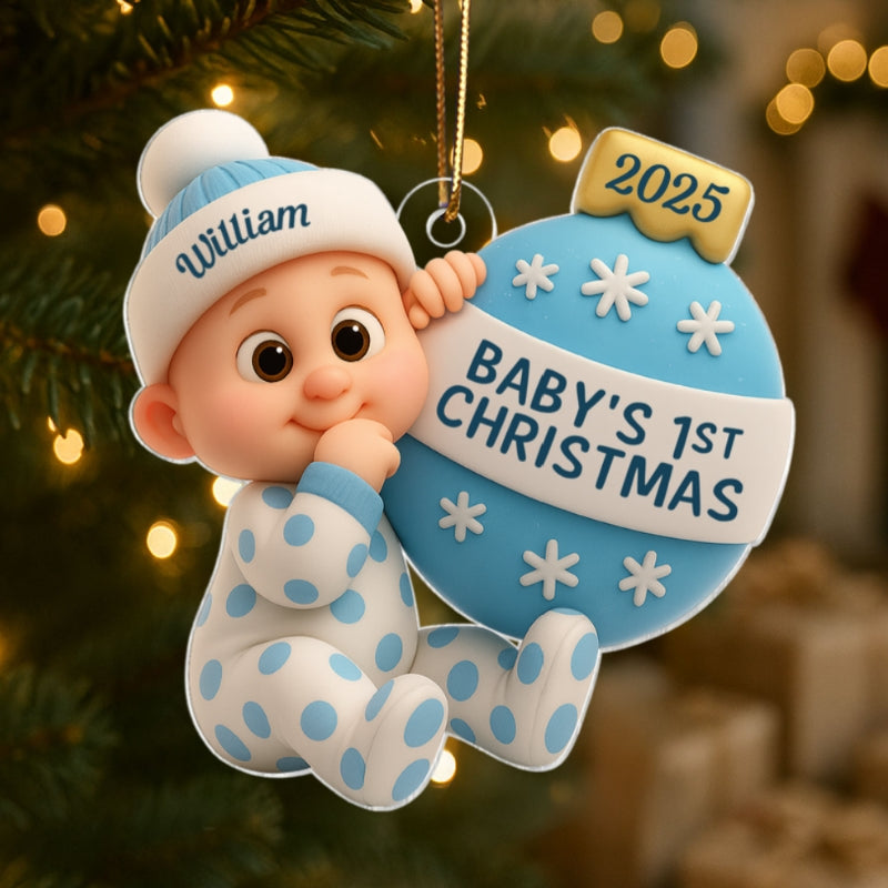 3D Effect Cute Cartoon Baby Beside Christmas Bauble Baby's 1st Christmas Personalized Acrylic Flat Ornament