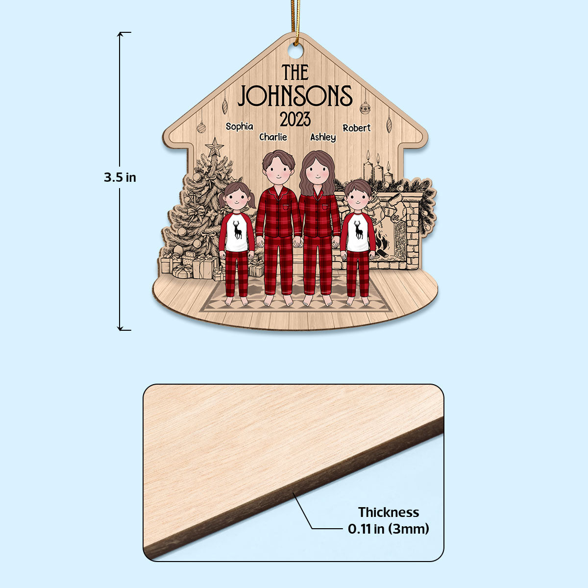 Simple Cartoon Whole Family At Fireplace Sketch Background Personalized Wooden Ornament