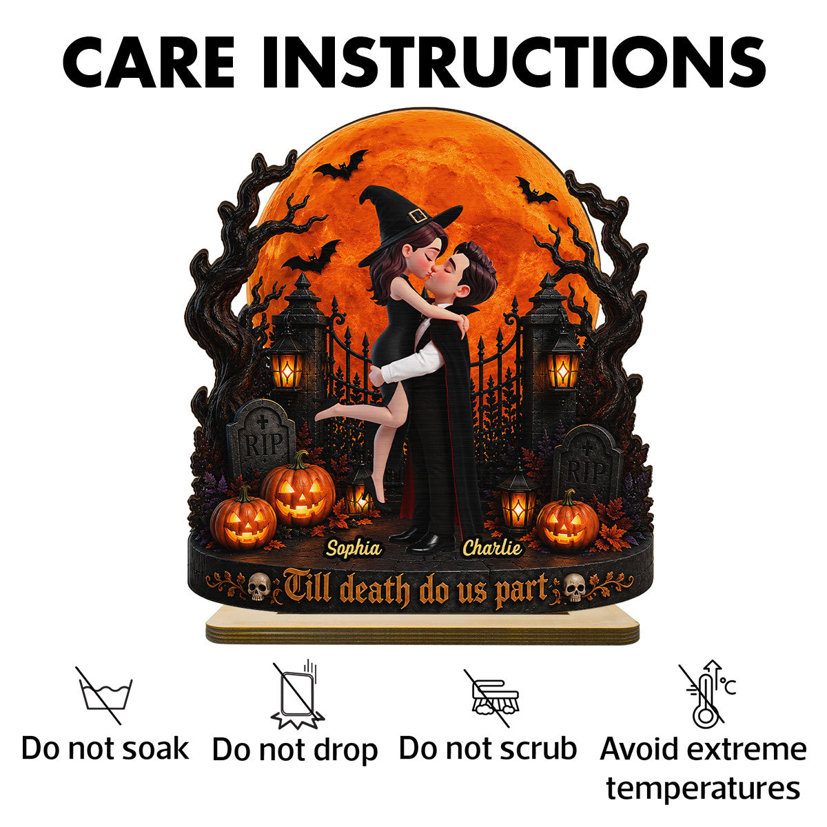 Eternal Love Couple Under Halloween Moon Light - Personalized 2-Layered Wooden Plaque - Halloween Gift For Couple