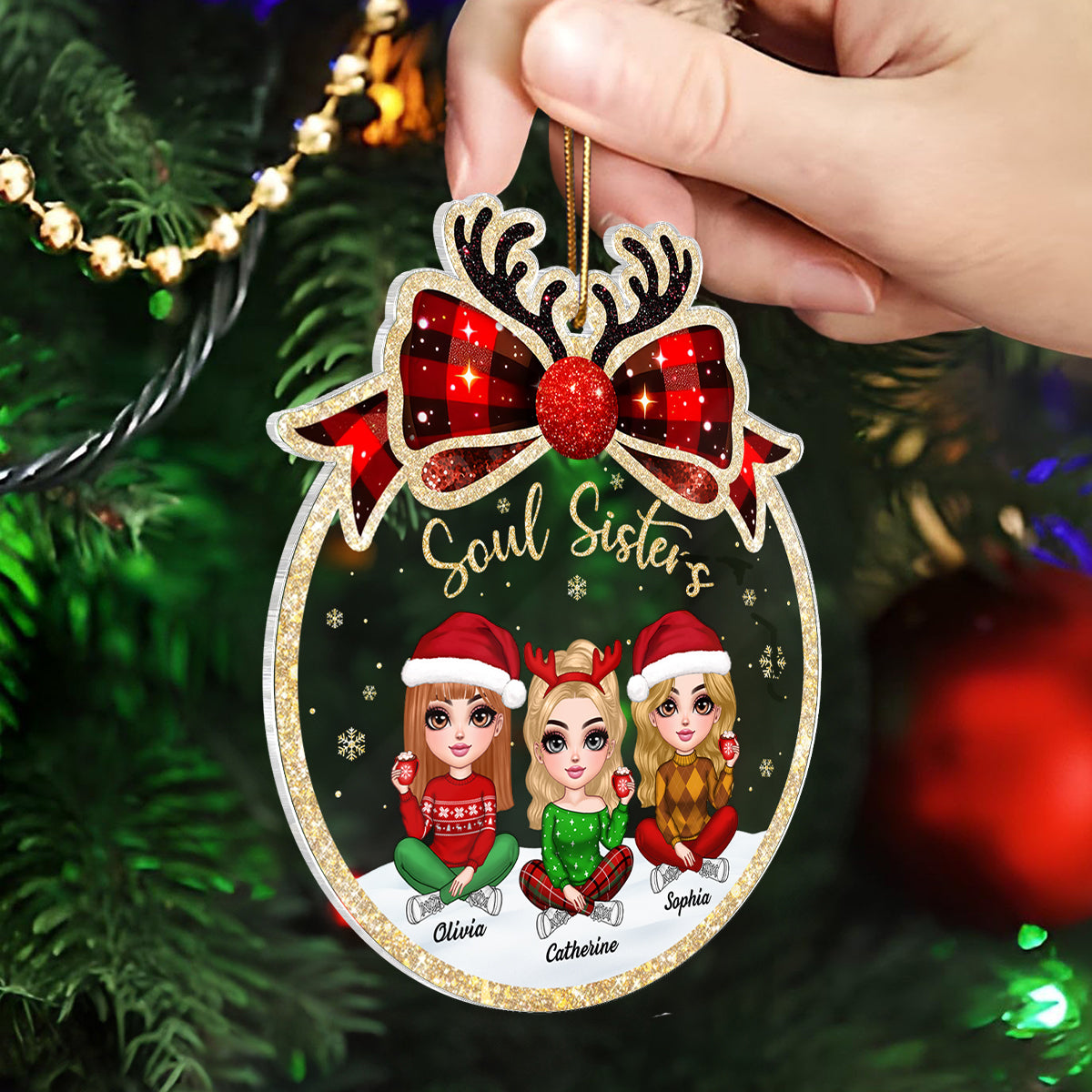 Lovely Besties Christmas Bow Personalized Acrylic Ornament, Christmas Gift For Best Friends