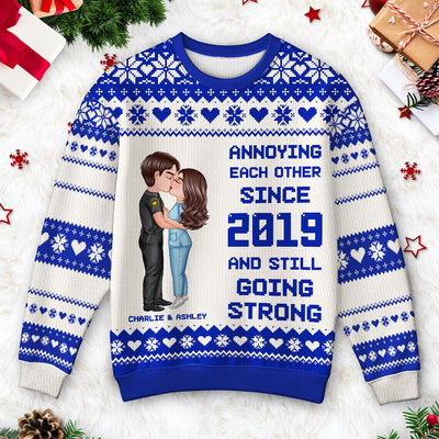 Christmas Hugging Kissing Couple Occupation Personalized Faux Knitting Ugly Sweater, Gift For Him, For Her, For Police, Nurse, Firefighter, EMS, Military