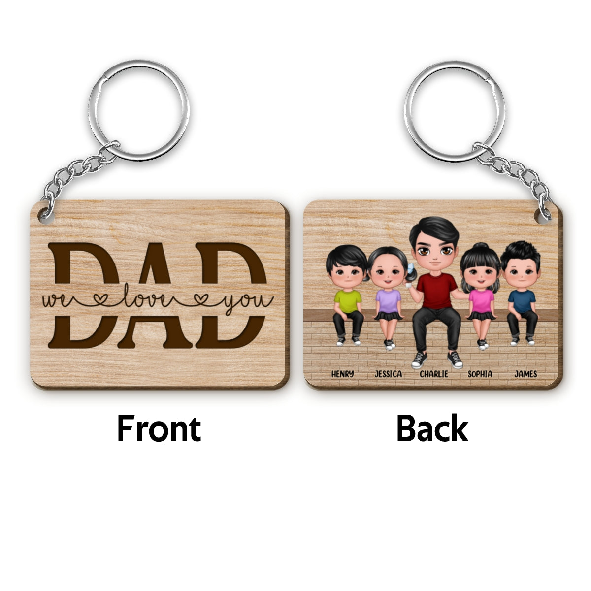 Best Dad Ever Doll Man & Kids Sitting On Wall Personalized Wooden Keychain