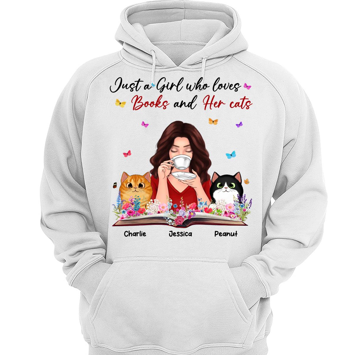 Just A Girl Who Loves Books And Her Cat Coffee Girl With Flowers And Peeking Fluffy Cat Personalized Shirt