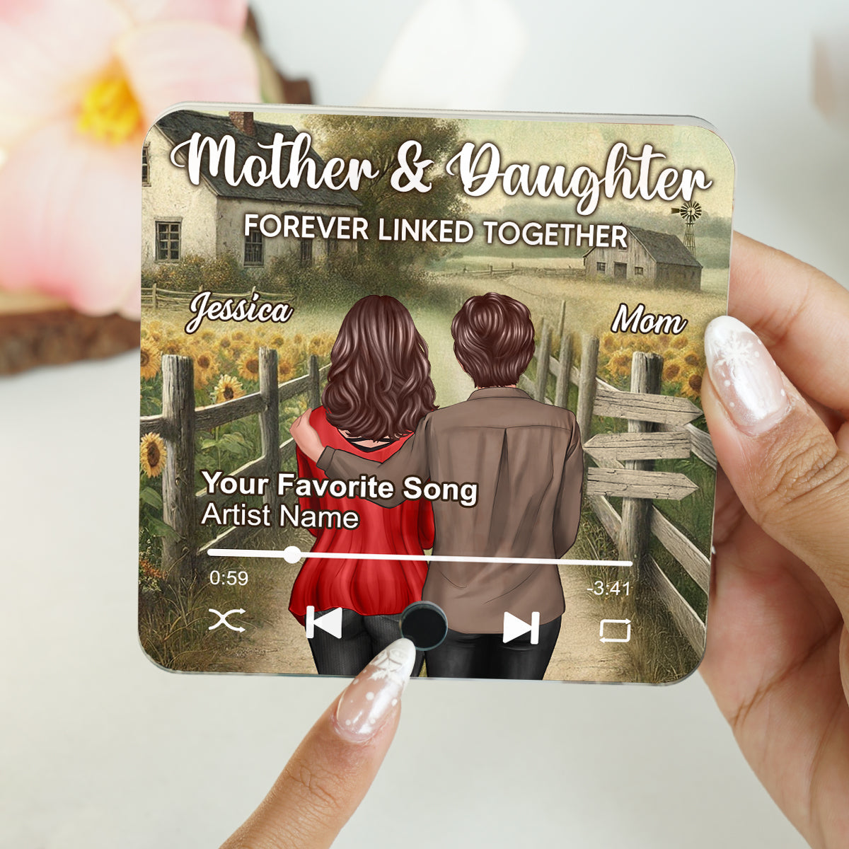 Mother & Daughter Forever Linked Together Personalized Music Fridge Magnet, Heartfelt Gift For Mom