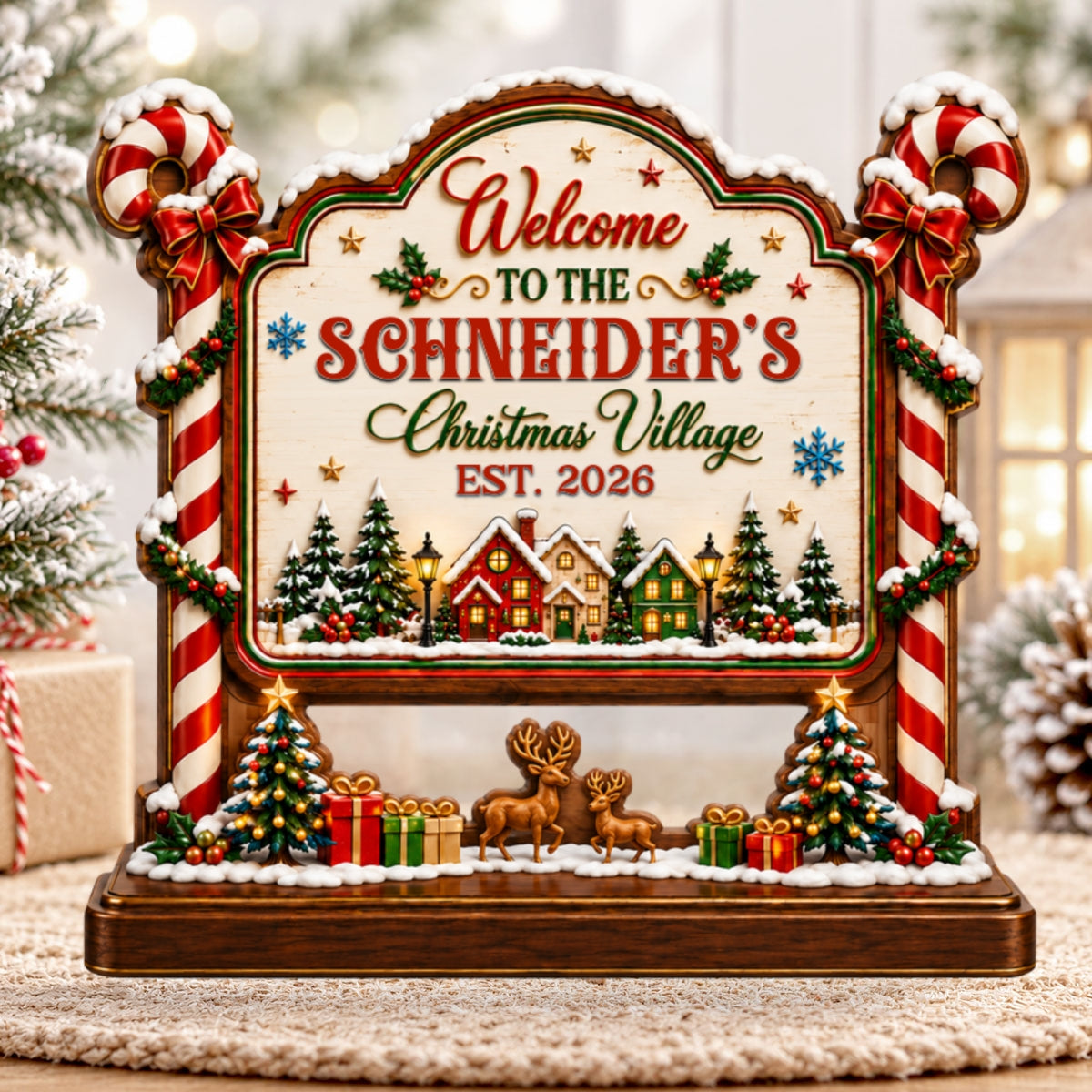 Candy Cane Christmas Village Holiday Decor - Personalized Wooden Block Plaque - Christmas Gift for Family, Parents & Grandparents.