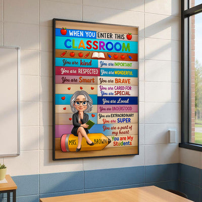 3D Cartoon Teacher Sitting On Pencil Personalized Poster, Classroom Decoration, Back To School Gift For Teacher