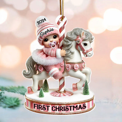 Baby's First Christmas Cute Baby On Carousel Horse Personalized Acrylic Ornament, New Parents Keepsake, Gift For Newborn