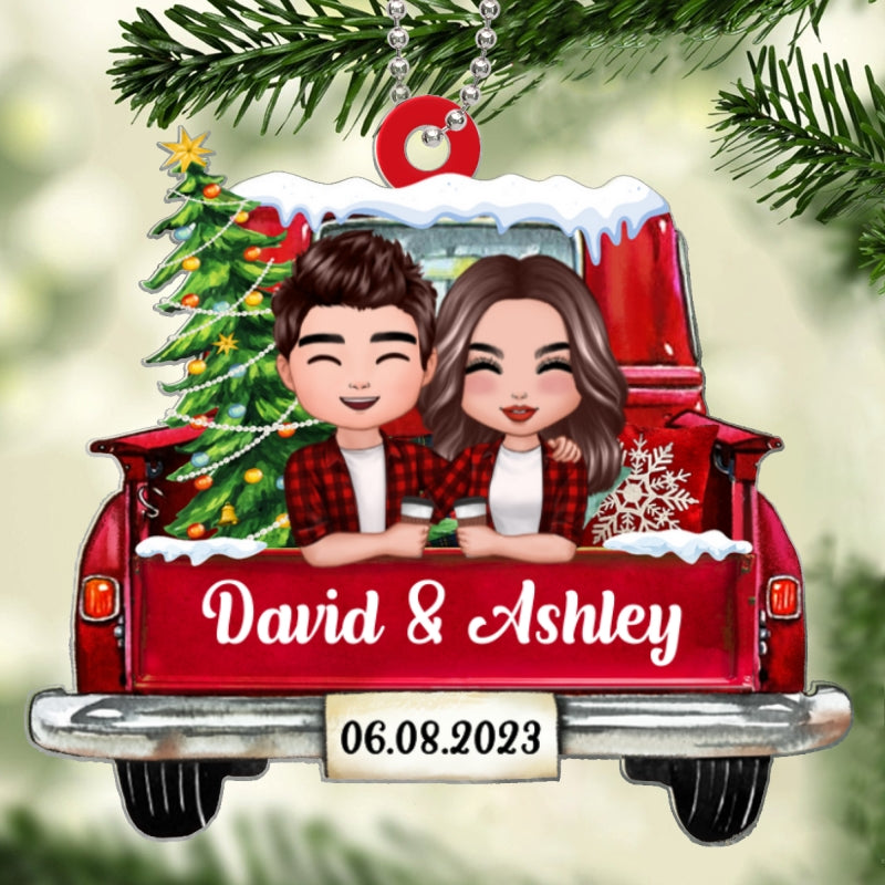 On Christmas Truck Doll Couple Hugging Holding Drinks Personalized Acrylic Ornament