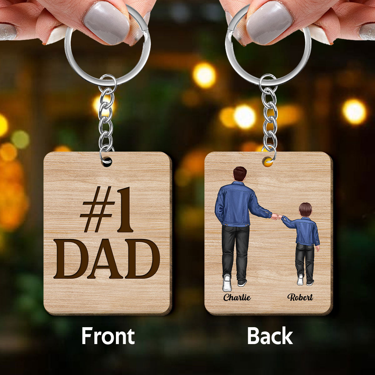 Dad Grandpa Kids Punch Hands Personalized Wooden Keychain
